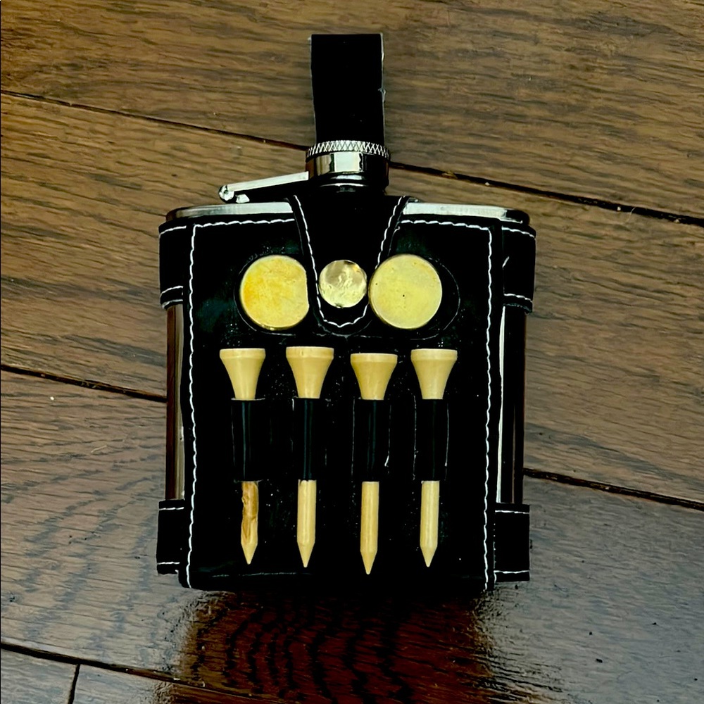 Stainless Steel and Black Golf Flask with Tees, Ball Markers and Divet Corrector